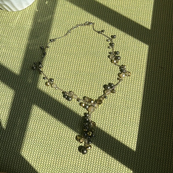 VINTAGE Lariat brown beaded necklace, amazing worn condition, crystal statement - Picture 1 of 5